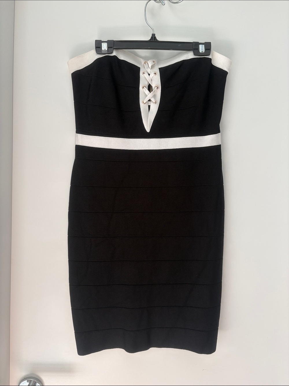 bebe Black Strapless Lace-Up Bodycon Dress with White Trim